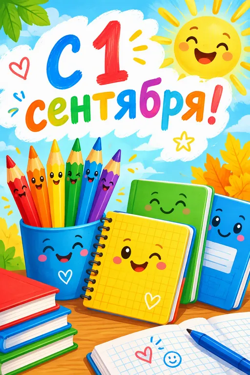 Открытка с карандашами и солнцем для класса