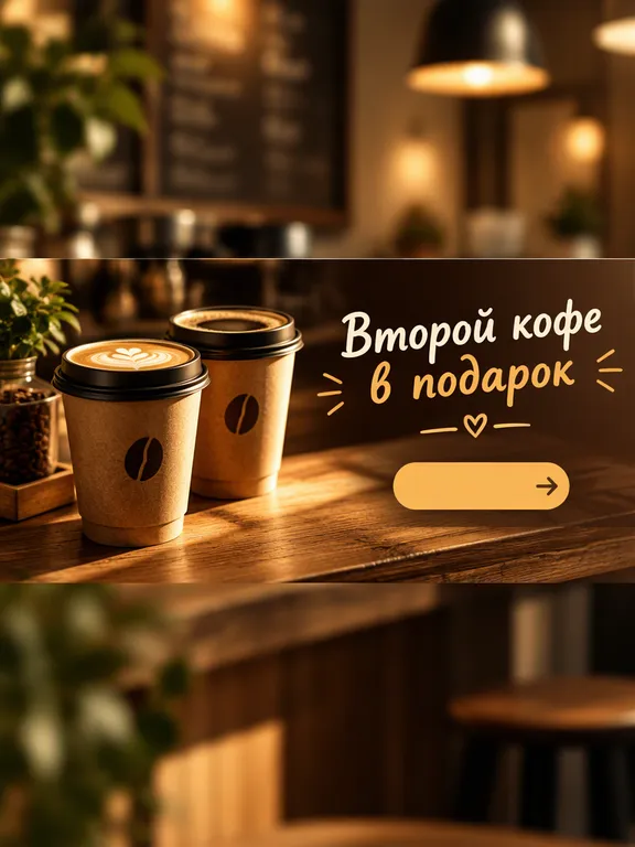 Баннер кофейни со вторым кофе в подарок