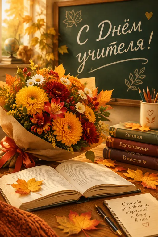 Тёплая открытка с цветами, книгой и доской