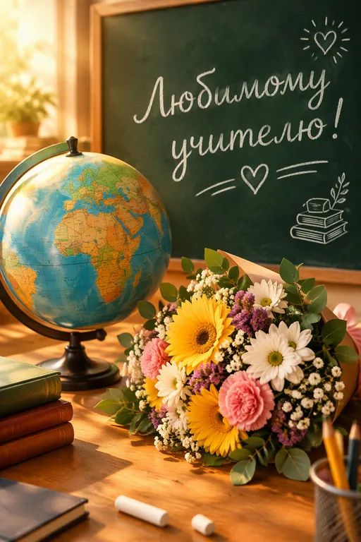 Открытка с глобусом и мелом на доске