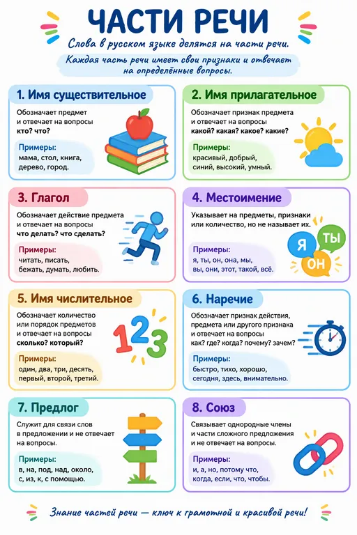 Плакат по русскому языку: части речи