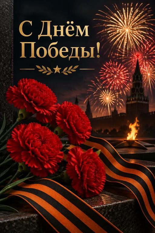 Торжественная открытка с гвоздиками и салютом