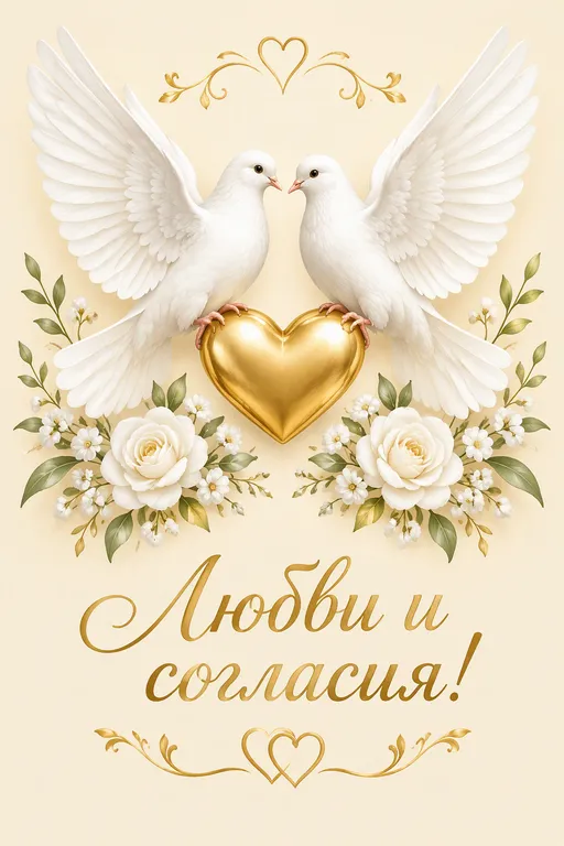 Свадебная открытка с голубями и сердцем